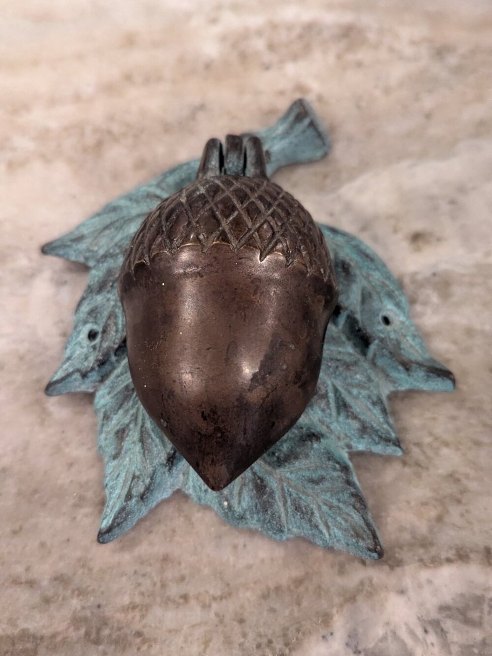 Rustic Acorn-Shaped Door Knocker Made of Solid Brass with a Patina Finish Like N